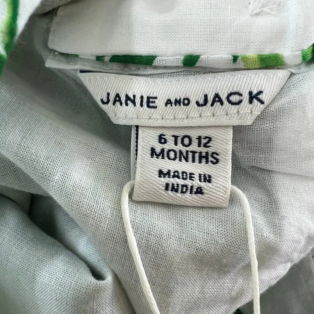 Janie and Jack White Green 6-12 M Bodysuit Cotton Ruffle Neck Tropical Print NEW